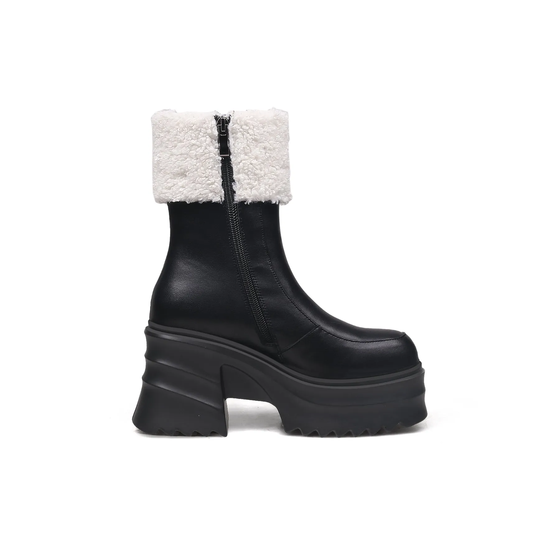 Black Fur-Lined Platform Leather Boots