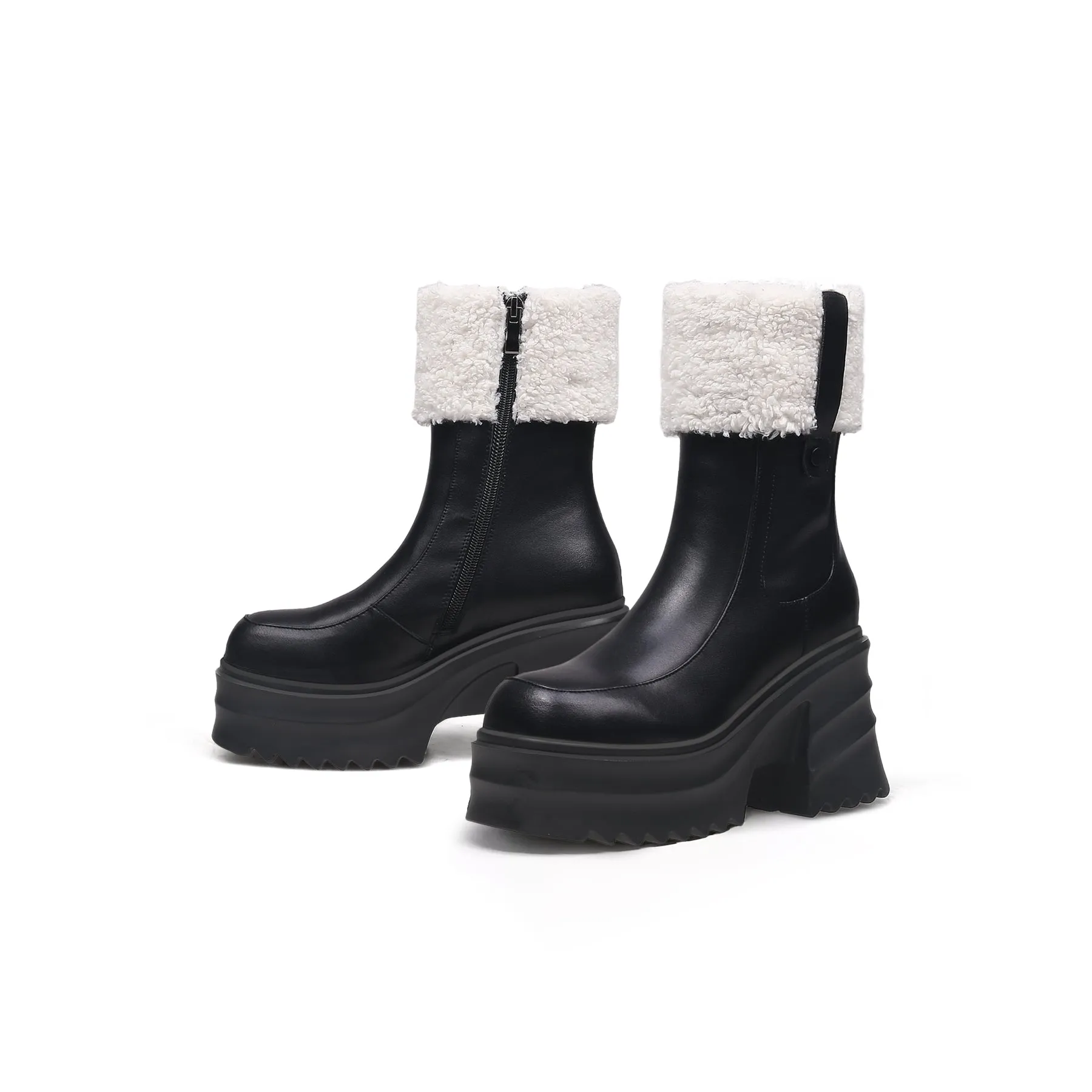 Black Fur-Lined Platform Leather Boots