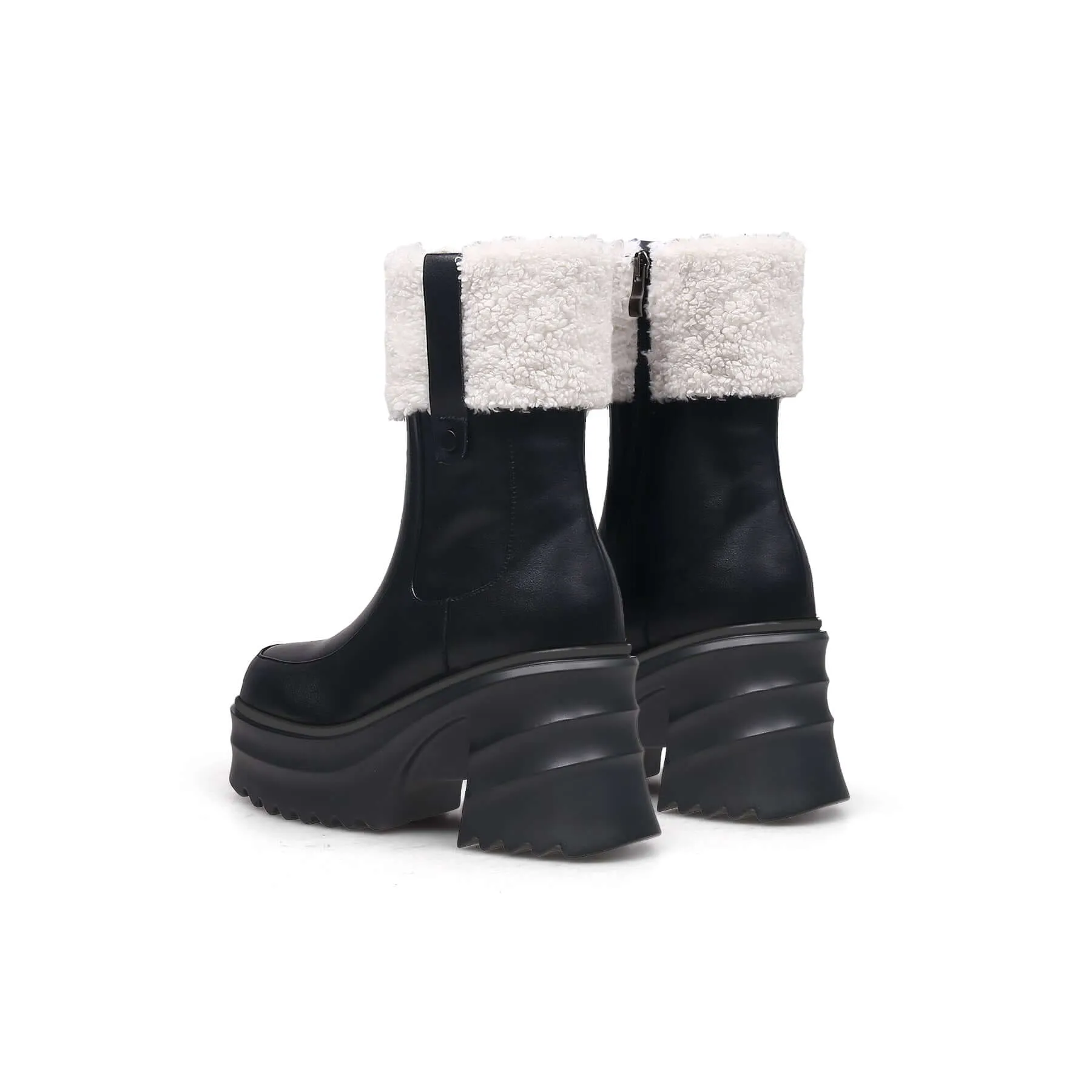 Black Fur-Lined Platform Leather Boots