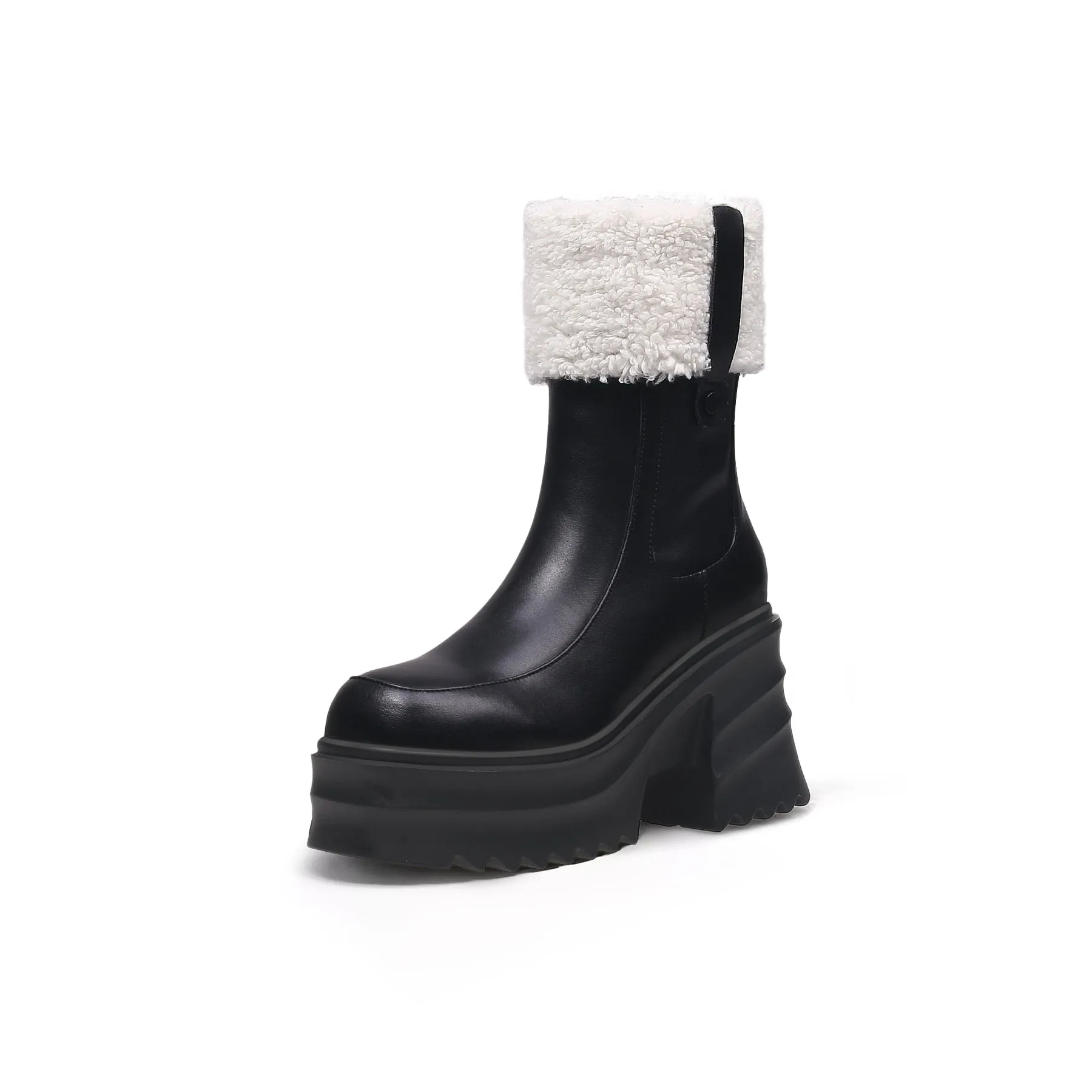 Black Fur-Lined Platform Leather Boots