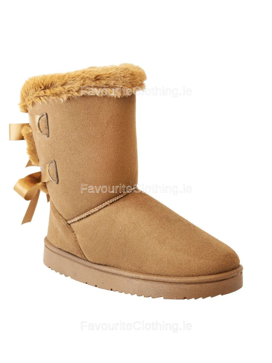 Camel Faux Suede Bow Detail Fur Lined Boots