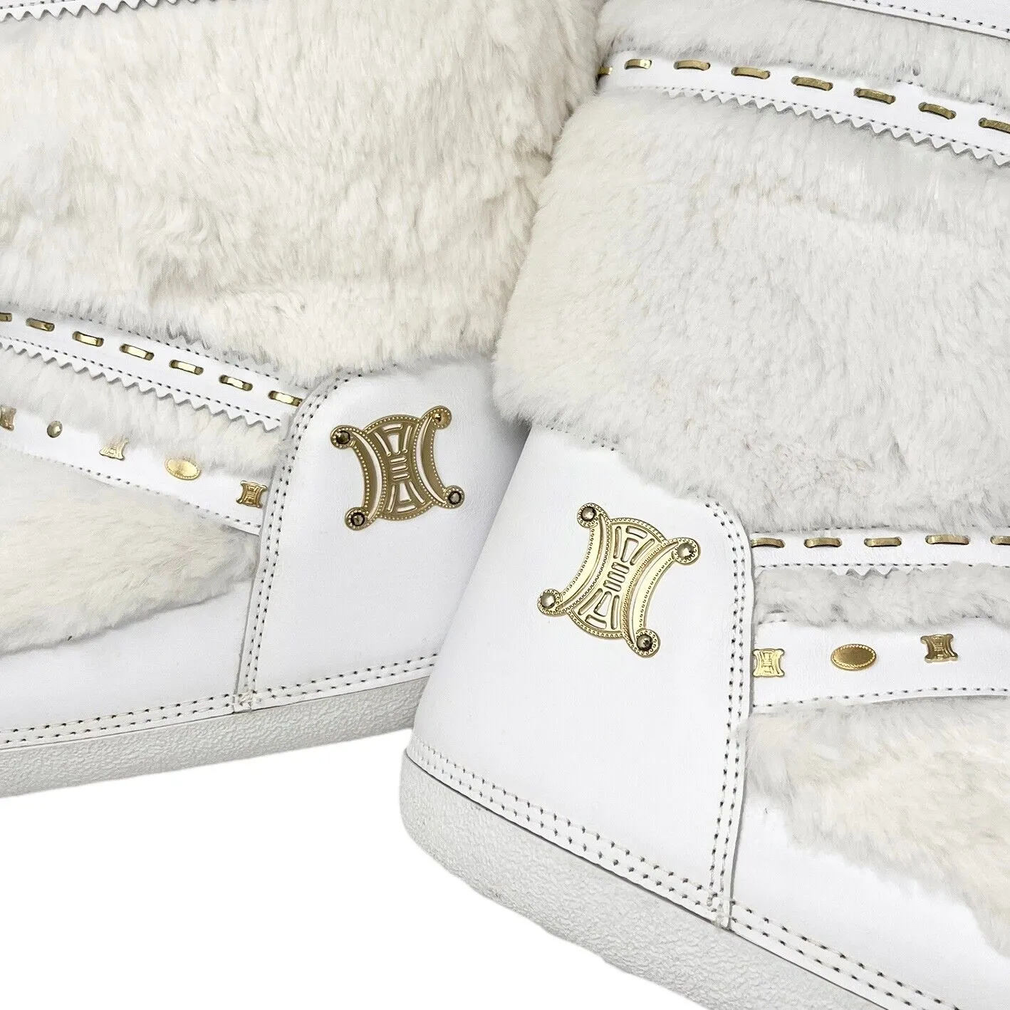 CELINE Vintage Macadam Logo Faux Fur Snow Boots #38-40 US8-10 White Gold RankAB