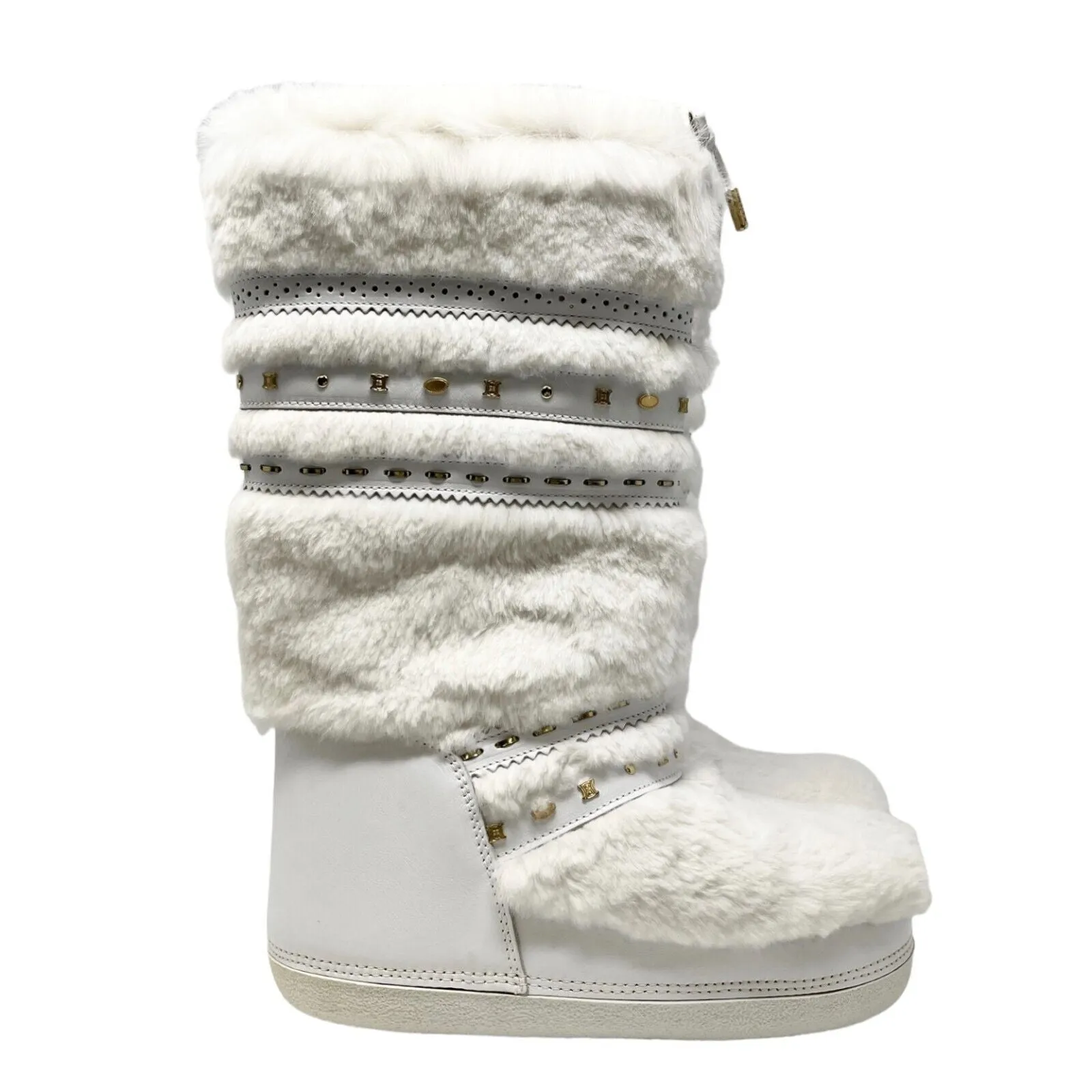 CELINE Vintage Macadam Logo Faux Fur Snow Boots #38-40 US8-10 White Gold RankAB