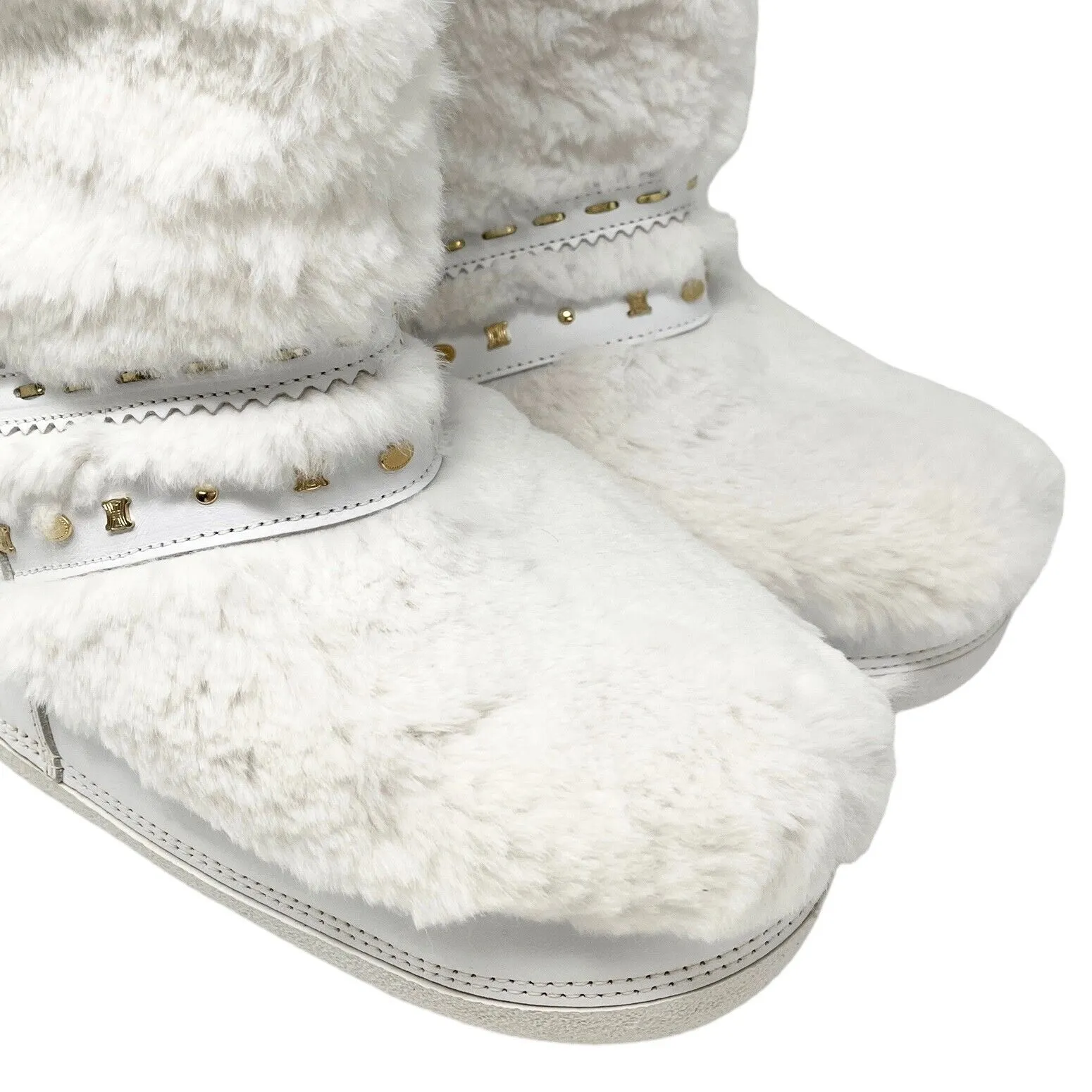 CELINE Vintage Macadam Logo Faux Fur Snow Boots #38-40 US8-10 White Gold RankAB