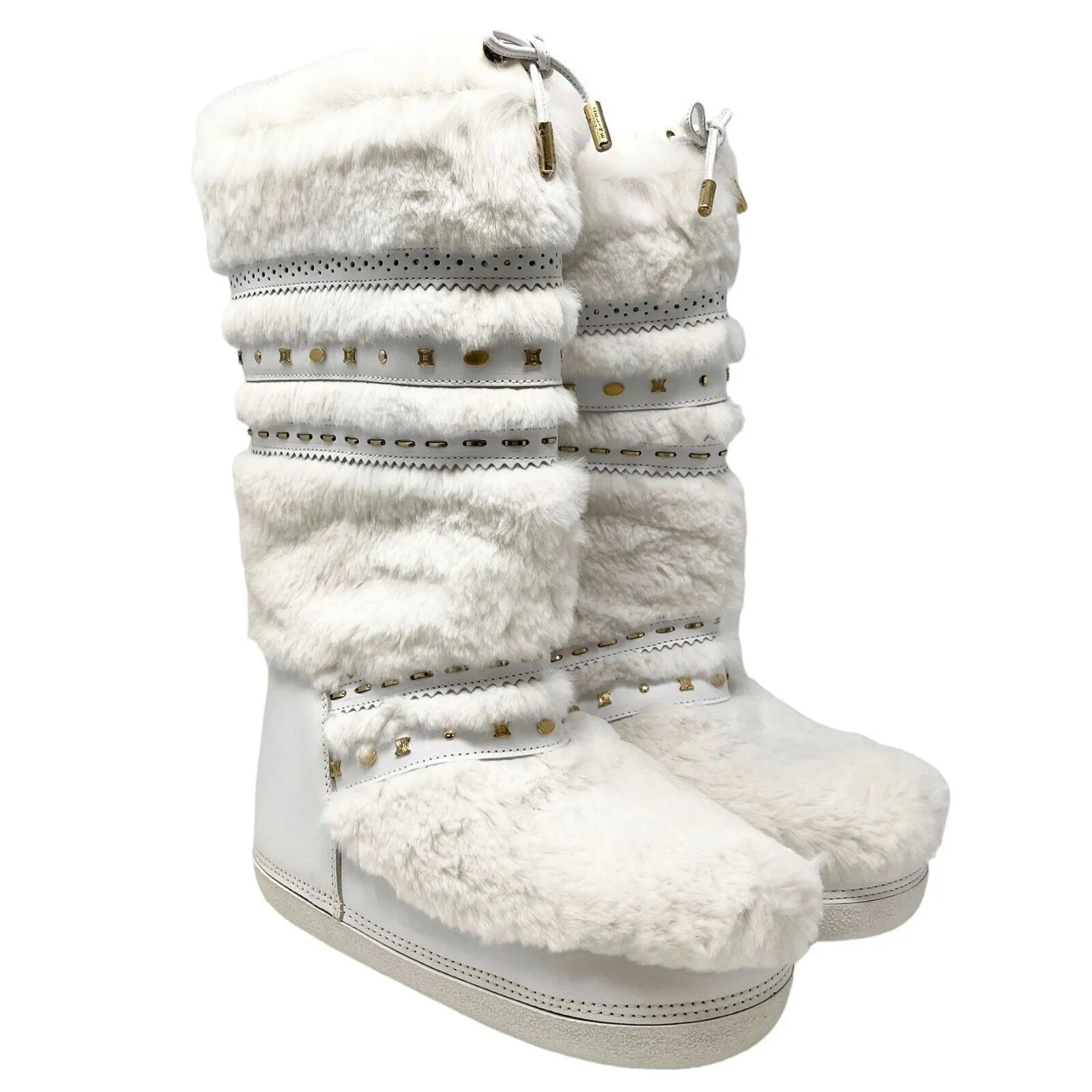 CELINE Vintage Macadam Logo Faux Fur Snow Boots #38-40 US8-10 White Gold RankAB