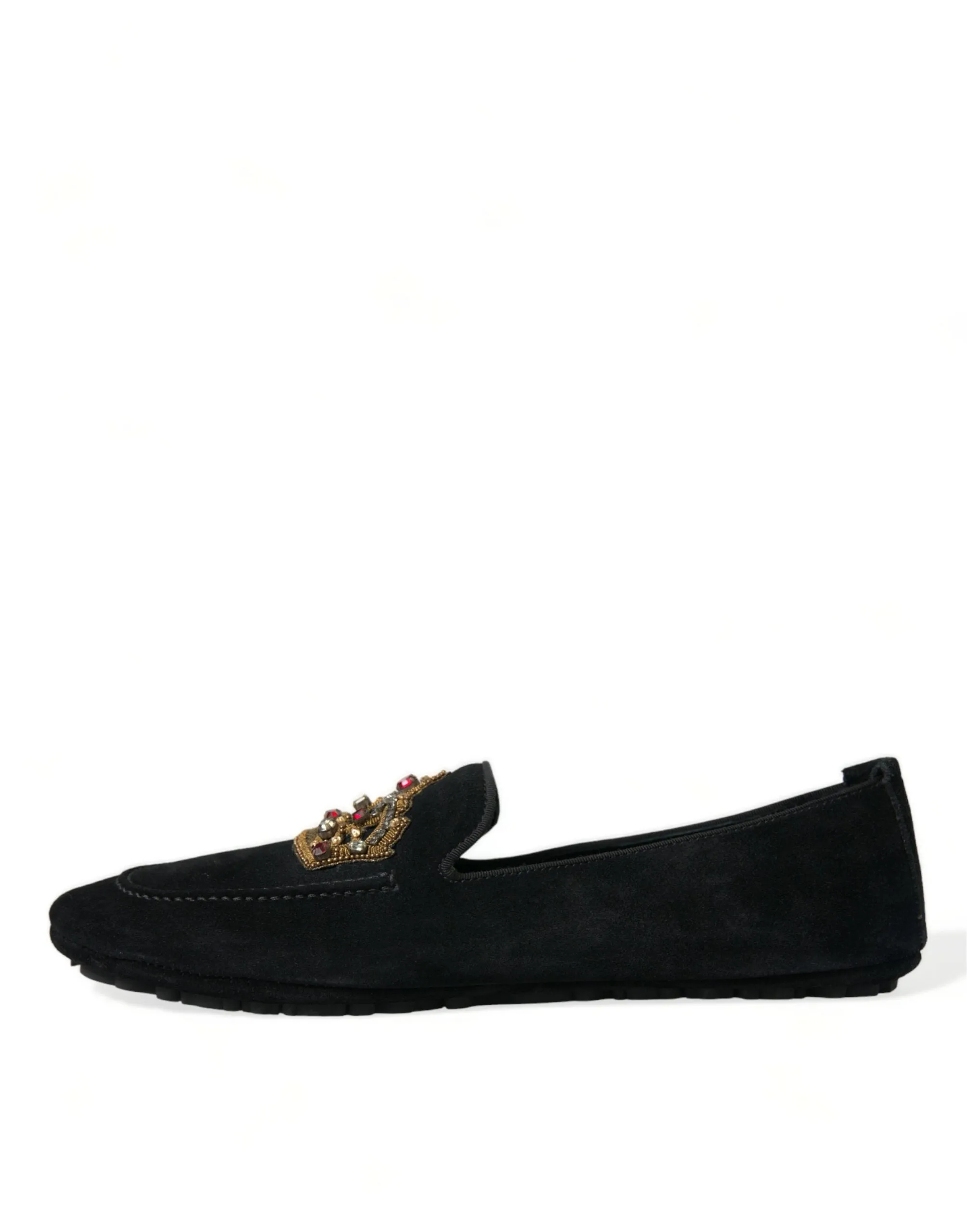 Dolce & Gabbana Black Leather Crystal Crown Loafers Shoes