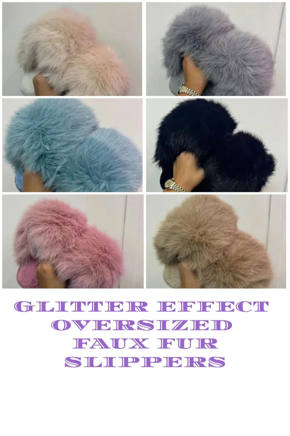 GLITTER MIXED COLOUR EXTREME OVERSIZED FAUX FUR FLUFFY SLIPPERS (PACK OF 36 PAIRS)