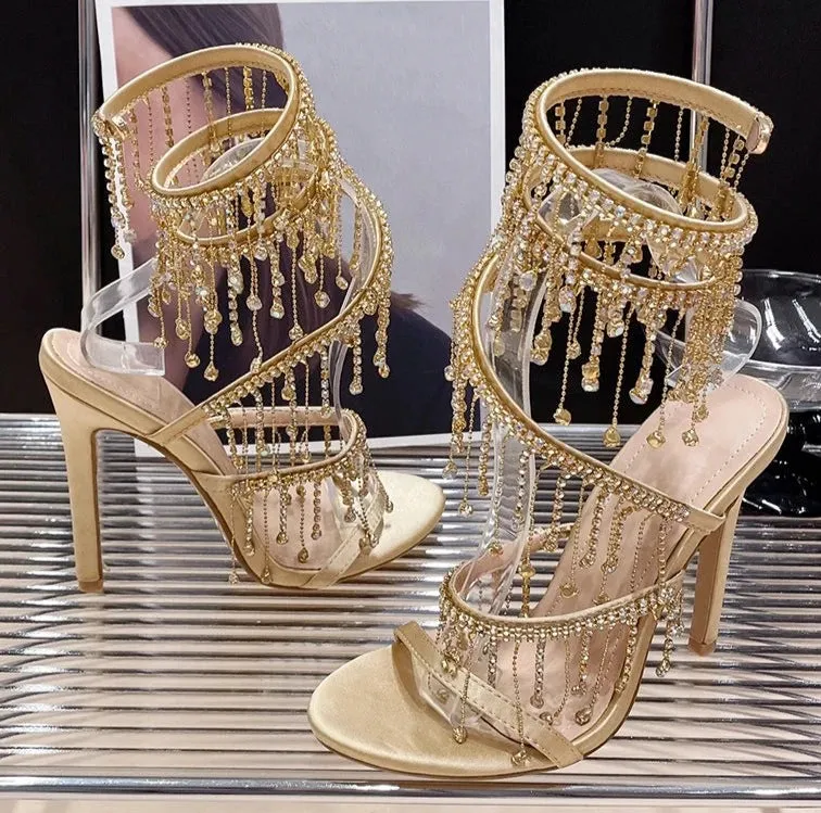 Golden Rhinestones Peep Toe High Heels Crystal Shoes