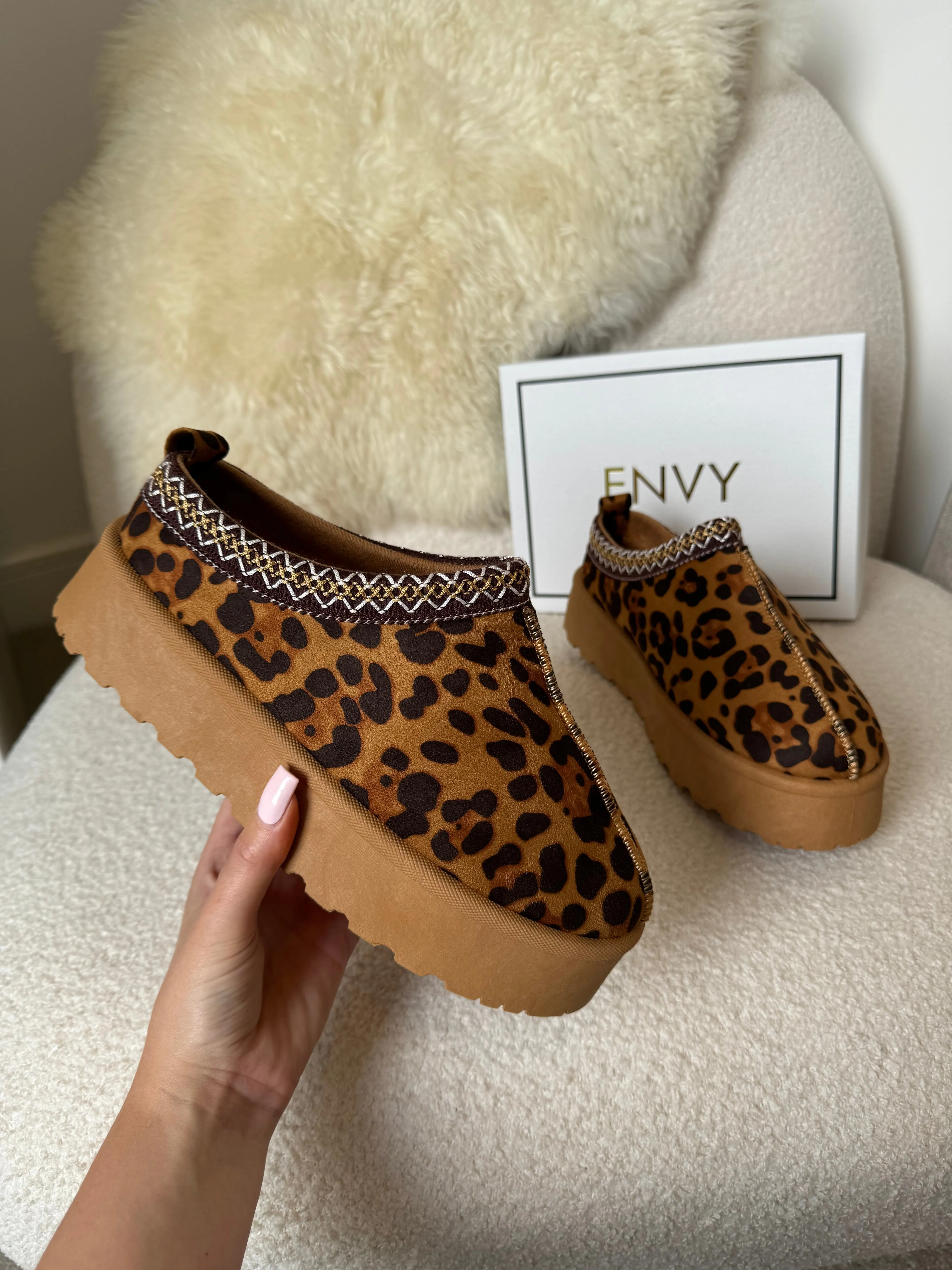 HOLLIE ULTRA PLATFORM LEOPARD EMBROIDERED ANKLE SLIPPER BOOTS