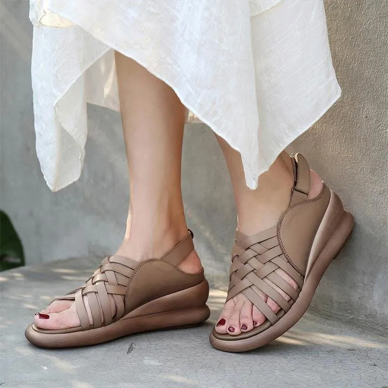 Khaki Sandals Wedge Cowhide Leather Plus Size Sandals