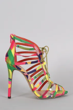 Liliana Multicolor Geometric Print Strappy Lucite Lace Up Heel