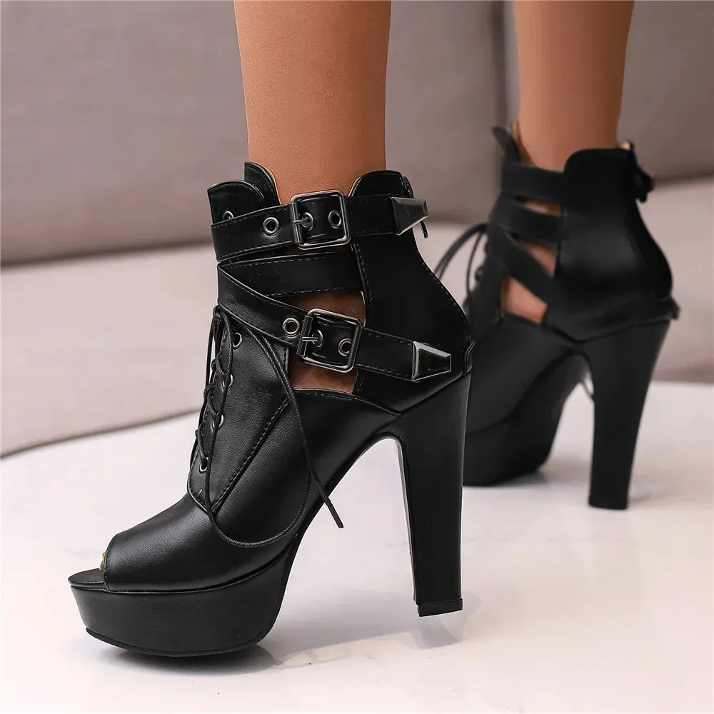 Peep Toe Lace Up Platform Heels Ankle Boots