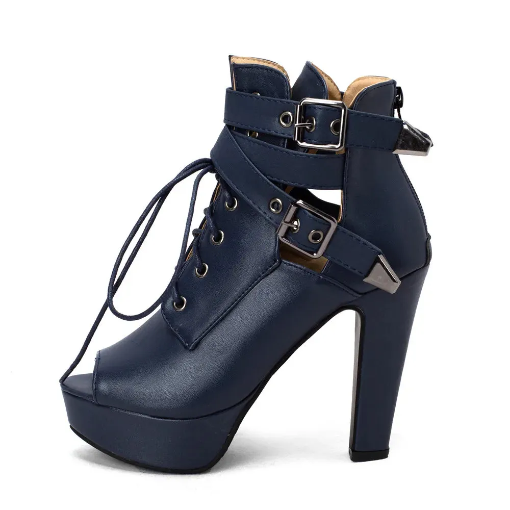 Peep Toe Lace Up Platform Heels Ankle Boots