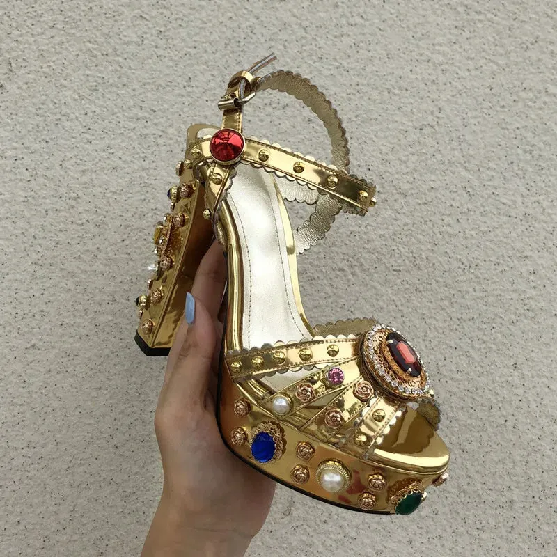 Platform Heeled Rhinestone Metallic Gold Shoes