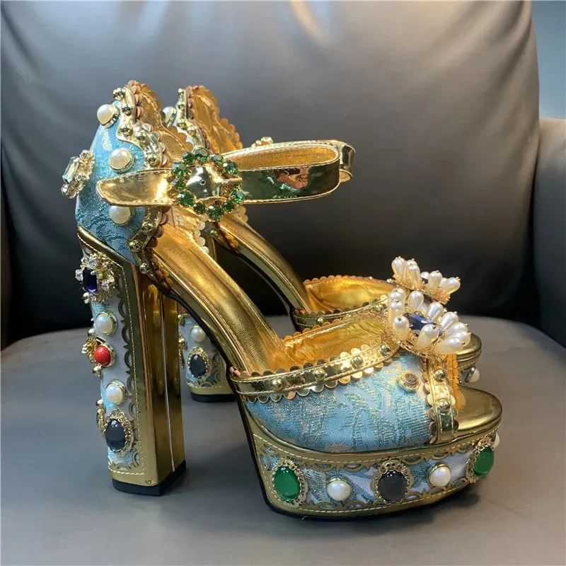 Platform Heeled Rhinestone Metallic Gold Shoes