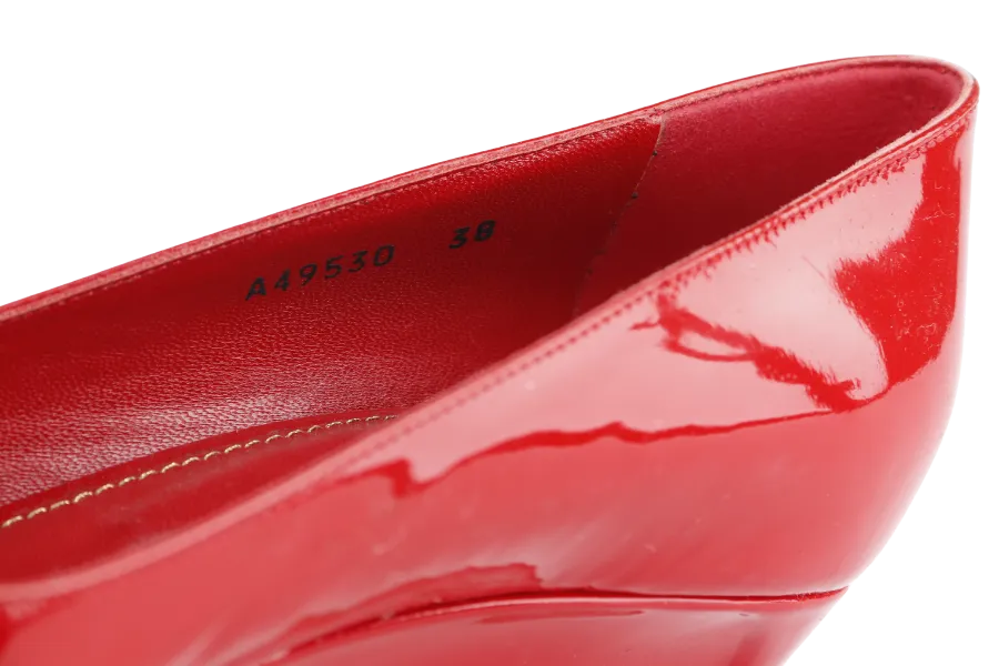 SERGIO ROSSI RED PATENT LEATHER PEEP TOE HEELS SIZE 38.5