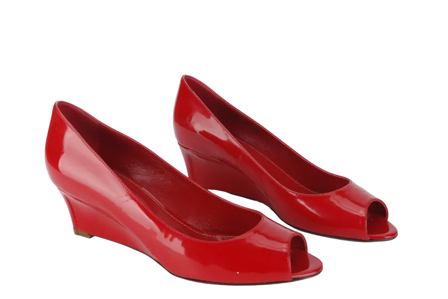 SERGIO ROSSI RED PATENT LEATHER PEEP TOE HEELS SIZE 38.5