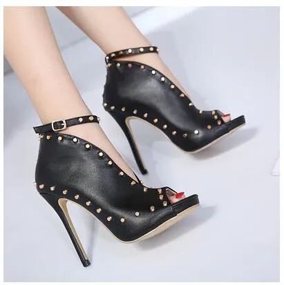 Sexy Peep Toe High Heel Ankle Boots with Rivet Buckle