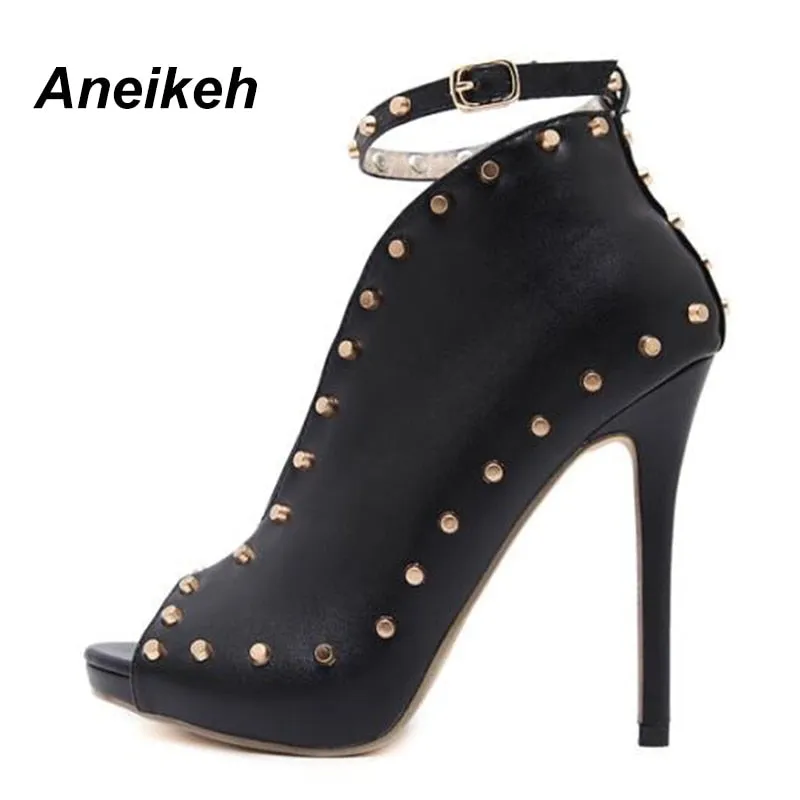 Sexy Peep Toe High Heel Ankle Boots with Rivet Buckle