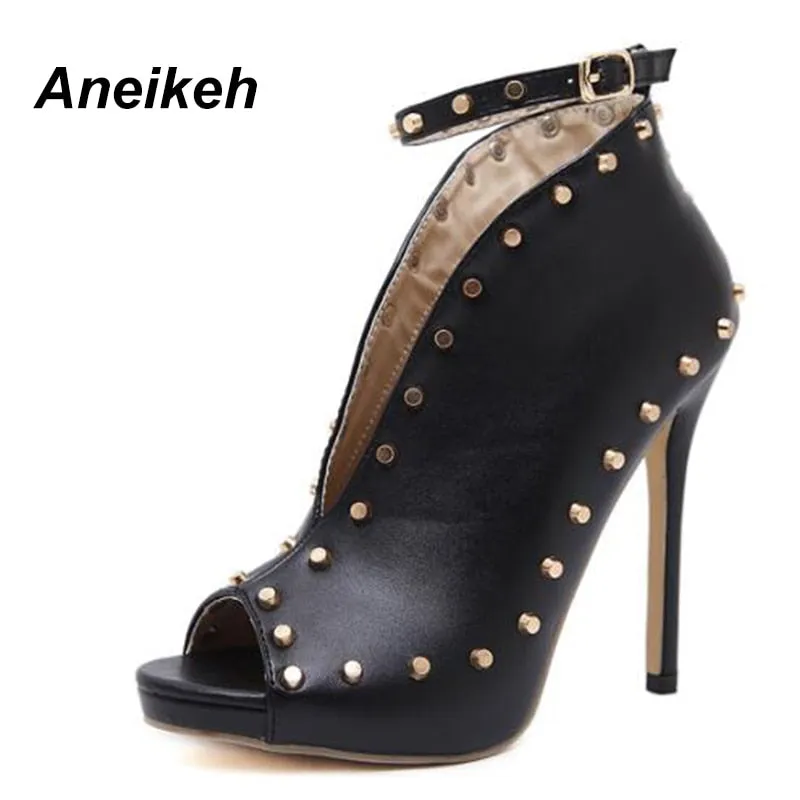 Sexy Peep Toe High Heel Ankle Boots with Rivet Buckle