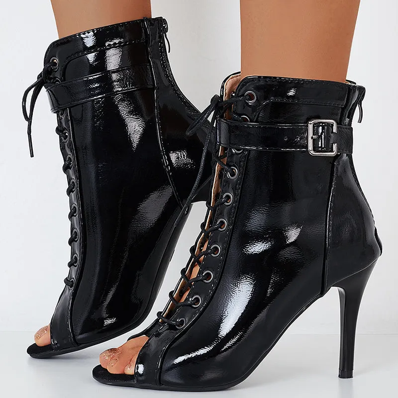 Sohiwoo Peep Toe Lace Up Stilettos High Heel Sandal Boots Back Zipper Booties