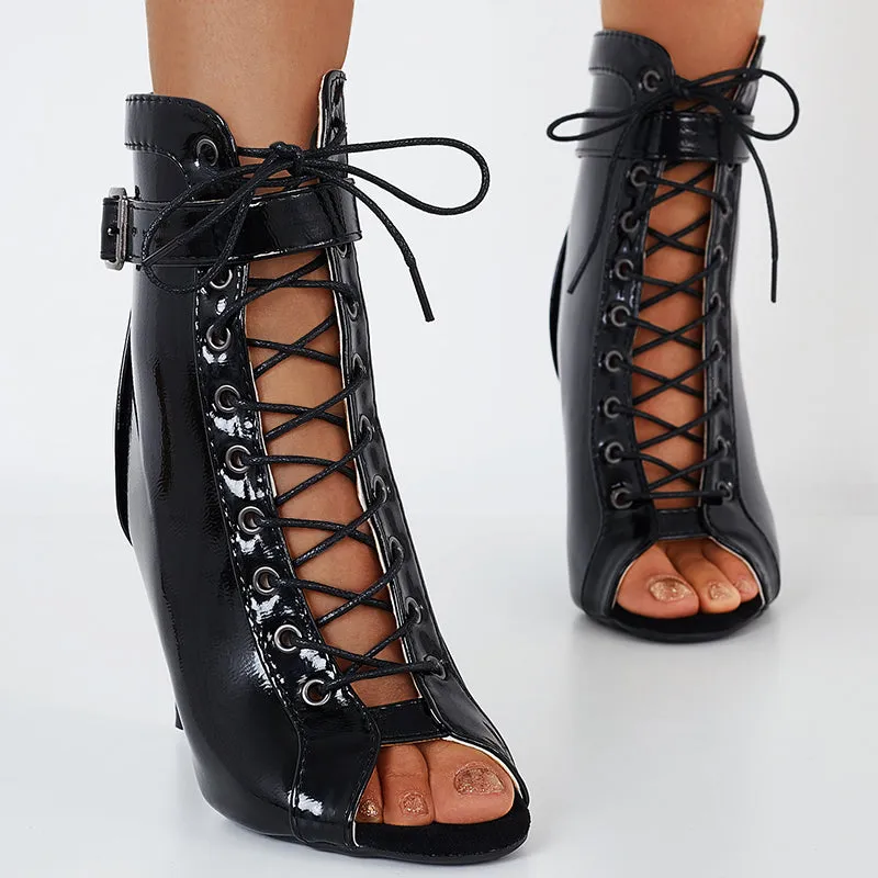 Sohiwoo Peep Toe Lace Up Stilettos High Heel Sandal Boots Back Zipper Booties